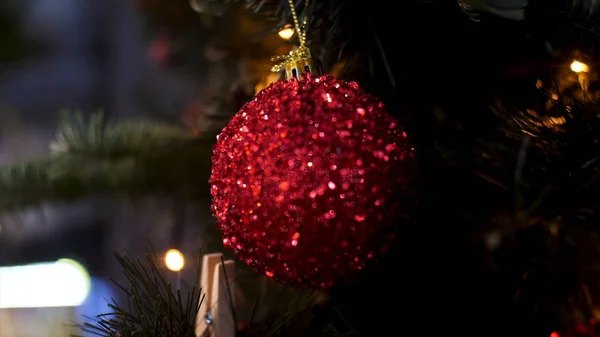 Close up for a ball toy of red color hanging on a Christmas tree branch, Merry Christmas concept. Stock footage. Beautiful shining red toy on a green spruce. — Stock Photo, Image