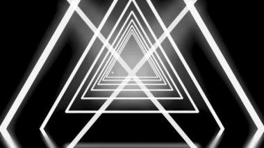 Soyut beyaz üçgenler geçiş ve siyah arka plan üzerinde neon tünel oluşturan, sorunsuz döngü. Animasyon. Geometrik arka plan, dar neon çizgili, tek renkli.