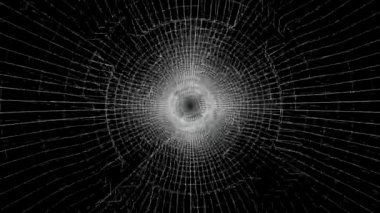 Beyaz parlayan tel kafes tüneli, kesintisiz döngü ile uçuş. Animasyon. Siyah arka plan, tek renkli üzerinde fütüristik parlayan dönen tel kafes tünel ile yolculuk.