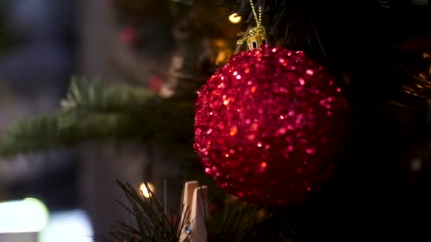 Close-up voor een bal speelgoed van rode kleur opknoping op een kerstboom tak, Merry Christmas concept. Stock footage. Mooie glanzende rode speelgoed op een groene sparren. — Stockvideo