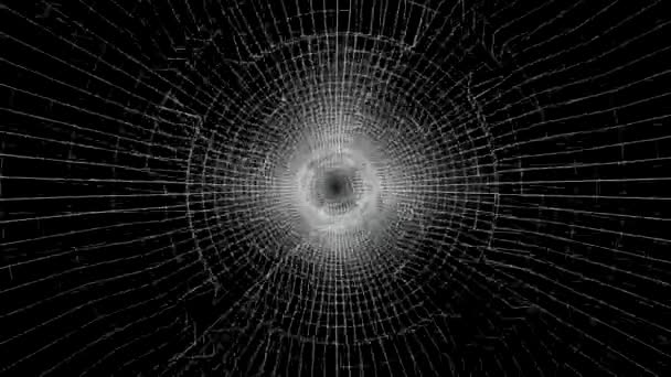 Flight through white glowing wireframe tunnel, seamless loop. Animation. Journey through the futuristic shining rotating wireframe tunnel on black background, monochrome. — Stock Video