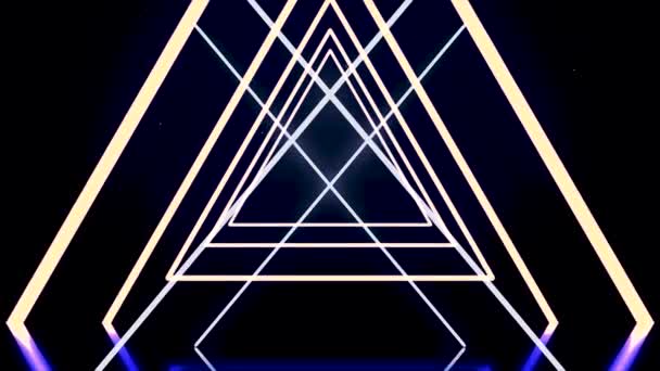 Abstraktní bílé a modré trojúhelníky protírající a tvořící neonový tunel na černém pozadí, bezešvé smyčky. Animace. Geometrické pozadí, úzké neonové překřížené pruhy. — Stock video
