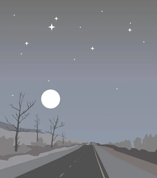 별과 보름달과 흐린 하늘 아래 밤 도로에 산으로 운전. 미니멀리즘 아트 스타일의 늦은 저녁 풍경 — 스톡 사진