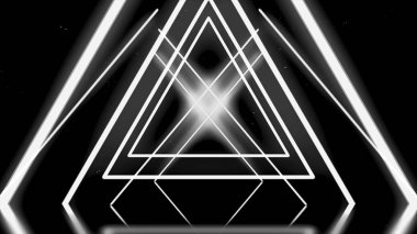 Soyut beyaz üçgenler geçiş ve siyah arka plan üzerinde neon tünel oluşturan, sorunsuz döngü. Animasyon. Geometrik arka plan, dar neon çizgili, tek renkli.