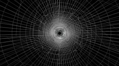 Beyaz parlayan tel kafes tüneli, kesintisiz döngü ile uçuş. Animasyon. Siyah arka plan, tek renkli üzerinde fütüristik parlayan dönen tel kafes tünel ile yolculuk.