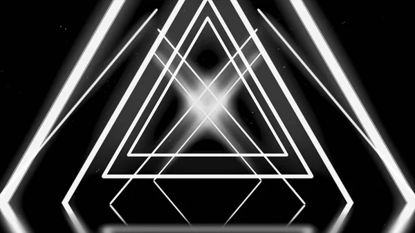 Absztrakt fehér háromszögek átkelés és alkotó neon alagút fekete háttér, zökkenőmentes hurok. Animáció. Geometriai háttér, keskeny neon keresztbe csíkok, monokróm. — Stock Fotó
