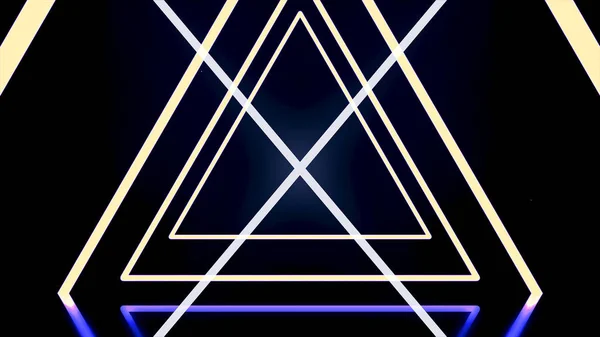 Αφηρημένο λευκό και μπλε τρίγωνα διασχίζοντας και σχηματίζοντας σήραγγα νέον σε μαύρο φόντο, απρόσκοπτη βρόχο. Κινούμενα σχέδια. Γεωμετρικό φόντο, στενό σταυρό νέον ρίγες. — Φωτογραφία Αρχείου