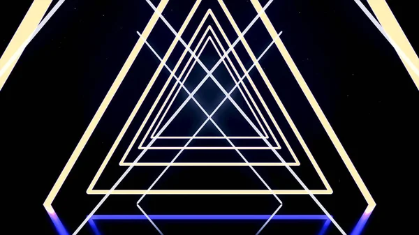 Triangoli astratti bianchi e blu che attraversano e formano un tunnel al neon su sfondo nero, anello senza cuciture. Animazione. Fondo geometrico, strisce incrociate al neon strette . — Foto Stock
