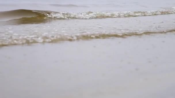 Nära till flodvågor på en sandstrand. Stock film. Små vågor som tvättar upp en flodstrand med ljusbrun sand i en molnig dag. — Stockvideo