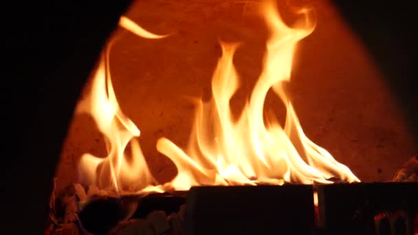 Primer plano de la llama de fuego ardiendo en el horno. Una trampa. Llama de fuego bellamente ardiente en la estufa de leña tradicional. Fuego en la estufa para cocinar — Vídeo de stock