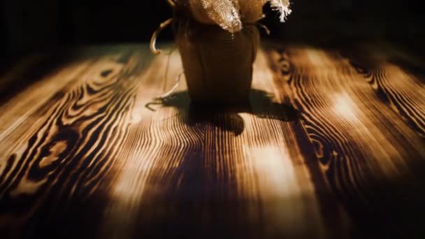 Pequeño árbol de Navidad verde en maceta sobre fondo oscuro. Una trampa. El primer plano del árbol de Navidad decorativo está en el bolso en la mesa de madera en el cuarto oscuro. Ambiente de magia y vacaciones de Navidad — Vídeo de stock