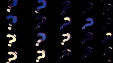 Siyah arka plan üzerinde hareket eden soru işaretlerinin özeti. Animasyon. Yansıtılan soru işaretleriyle arka planı taşıma
