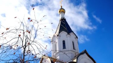 Altın kubbeli mavi gökyüzüne karşı Beyaz Kilise. Stok görüntüleri. Tapınağın mavi gökyüzüne karşı Altın Kubbesi görünümü