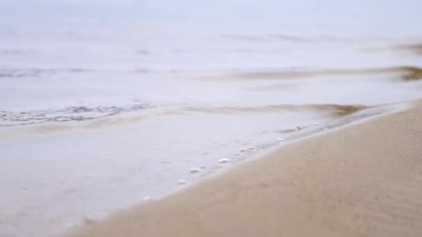 Пляжный фон с морской волной. Запись. Спокойная вода на песчаном пляже — стоковое видео