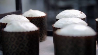 Pişirmeye hazır paskalya keklerinin yakın çekim. Stok görüntüleri. Kalıpiçinde kuru üzüm ile Paskalya çiğ kek pişirme den önce fırın tepsisinde bulunmaktadır. Paskalya kutlamaları için geleneksel yemek