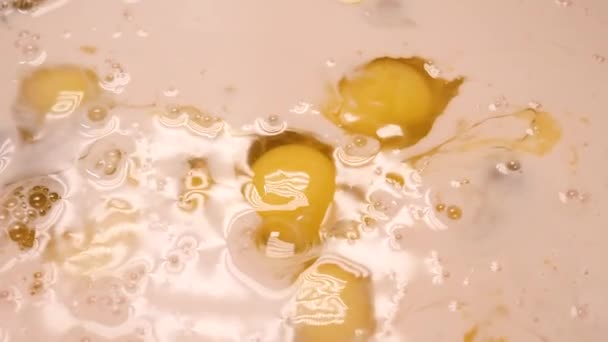 Gros plan des œufs crus dans le liquide. Images d'archives. Œufs crus répartis dans le liquide de pâte. Préparation de la pâte pour la cuisson avec des œufs crus et du liquide mélangé — Video