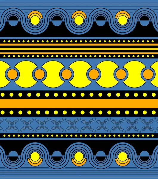 Colorato ornamento geometrico, linee orizzontali e onde. Modello simmetrico blu, giallo e nero con punti e strisce . — Foto Stock