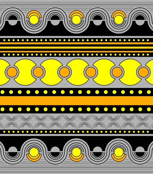 Hermoso adorno brillante en colores gris, amarillo y negro. Adorno horizontal simétrico en filas con figuras geométricas: líneas curvas, ondas, círculos y puntos . —  Fotos de Stock