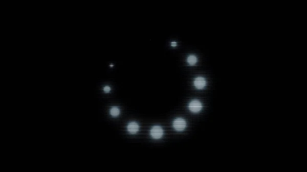 Загрузка белого круга иконка маленьких мигающих шаров, движущихся на черном фоне, монохромный. Анимация. Светящиеся точки движутся по кругу один за другим, бесшовная петля . — стоковое фото