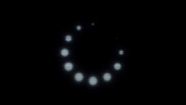 Memuat ikon lingkaran putih dari bola berkedip kecil yang bergerak pada latar belakang hitam, monokrom. Animasi. Titik-titik bersinar bergerak dalam lingkaran satu per satu, loop mulus . — Stok Video