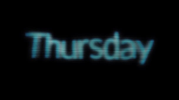 Dag van de week donderdag van neon letters van turquoise kleur knipperen met glitch effect op zwarte achtergrond, naadloze lus. Animatie. Gloeiende en glinsterende woord-dag van een week. — Stockvideo