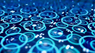 Birçok mavi daireler ve beyaz nokta, sorunsuz döngü ile Fütüristik teknolojik soyut hareket arka plan. Animasyon. Hareketli dairelerle mavi mikro düzeni kapatın.