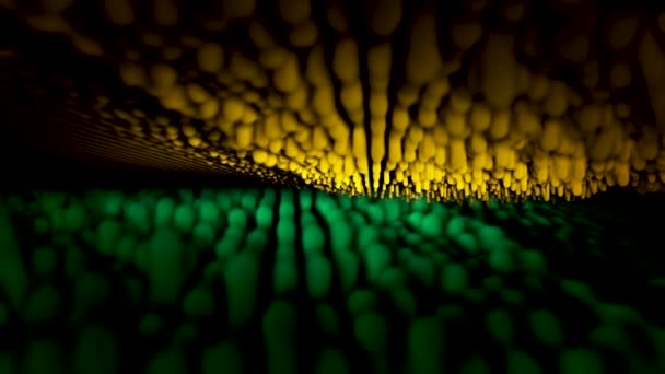 Lignes 3D abstraites vibrantes et se déplaçant sur fond noir, boucle transparente. Animation. Demi jaune moitié vert rayures fluides pulsant et produisant des ondulations .