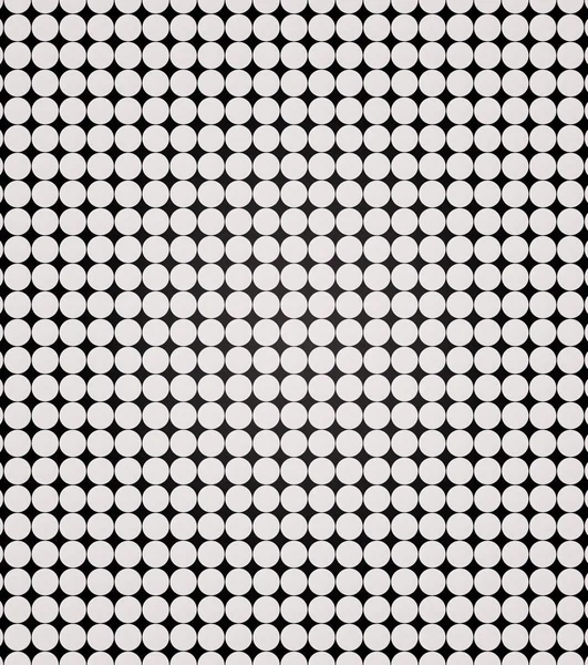 White abstract circles in parallel straight rows on black background. Print. White symmetrical dots, monochrome pattern.