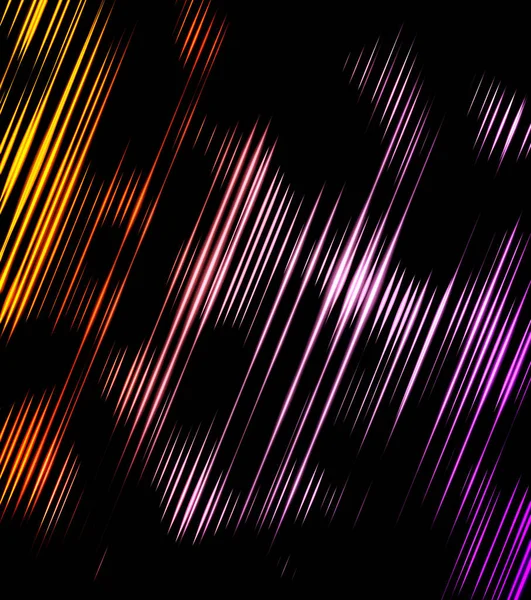 Neon purple, rose, orange, and yellow stripes of light on black backgrouns. Print. Gradient illustration of diagonal lines of different length.