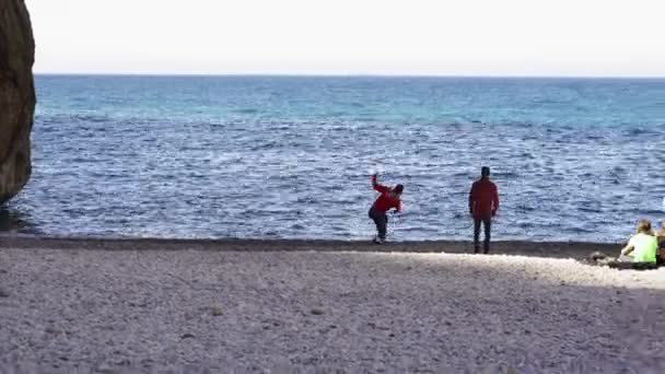 Vänner som kopplar av vid stranden, kastar blickar i vattnet och har picknick, Stilla havet, Kalifornien. Konst. Folk har roligt framför havet. — Stockvideo