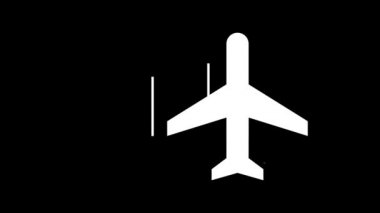 Siyah arka planda hareket eden ve manevra sağlayan soyut bir uçak simgesinin üst görünümü. Animasyon. Soyut siluet rüzgar, monokrom karşı uçan beyaz uçak.