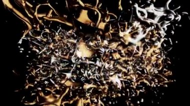 Güzel altın ve gümüş yağ yavaş rotasyon ve donma hareketi, sorunsuz döngü sıçramaları. Animasyon. Siyah arka plan üzerinde damla ile patlamış sıvı madde.