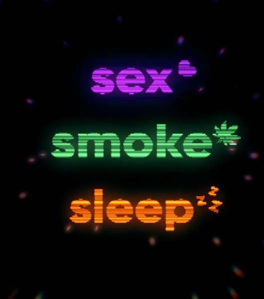 Абстрактная неоновая надпись Sex, Smoke, Sleep фиолетового, зеленого, оранжевого цветов на черном фоне. Печать. Слова на старом экране телевизора, молодежная концепция . — стоковое фото