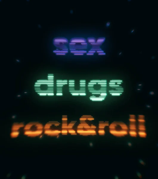 Iscrizione astratta al neon Sex, Drugs, Rock and Roll of Blue, verde, arancione su sfondo nero. Stampa. Parole sul vecchio schermo TV, concetto di gioventù e musica . — Foto Stock