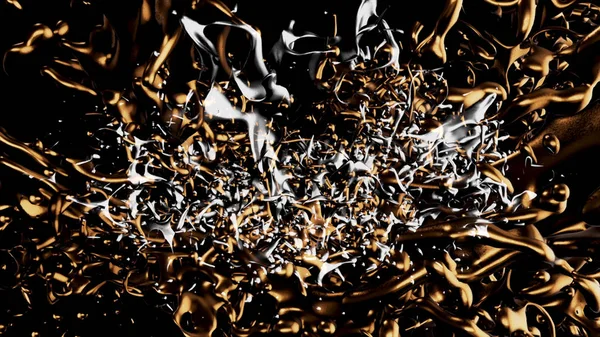 Beautiful golden and silver oil splashes in slow rotation and freeze motion, seamless loop. Animation. Exploded liquid substance with drops on black background.