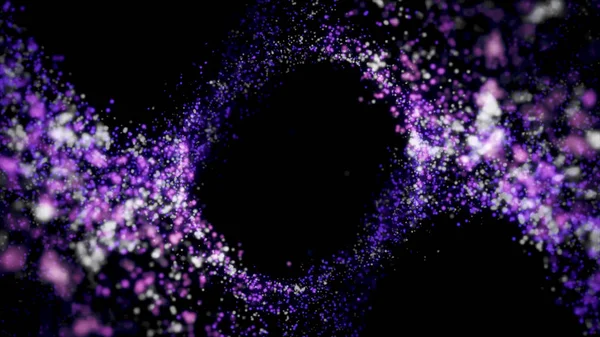 Sok repülő részecske fekete háttérrel csillogó gyűrű, folytonos hurok. Animáció. Csillogó pontozott kör mozog, és ragyogó a sötétben. — Stock Fotó
