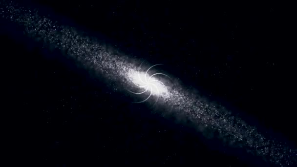 Abstrakter weißer Staub mit Sternen auf schwarzem Hintergrund. Animation. leuchtende Galaxie mit sich drehenden und in die sich drehende schöne Spirale transformierenden Nebeln. — Stockvideo