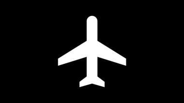 Siyah arka planda hareket eden ve manevra sağlayan soyut bir uçak simgesinin üst görünümü. Animasyon. Soyut siluet rüzgar, monokrom karşı uçan beyaz uçak.