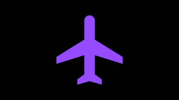 Top view of an abstract airplane icon moving and maneuvering on black background. Animation. Purple airplane flying against the abstract silhouette wind. — Stock Photo, Image