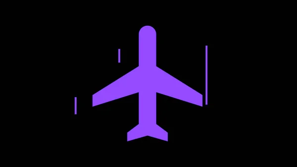 Top view of an abstract airplane icon moving and maneuvering on black background. Animation. Purple airplane flying against the abstract silhouette wind. — Stock Photo, Image