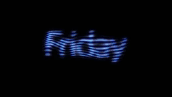 Inscription bleue du vendredi avec effet de bruit numérique sur fond noir. Animation. Néon signe coloré avec un jour brillant de la semaine vendredi . — Photo