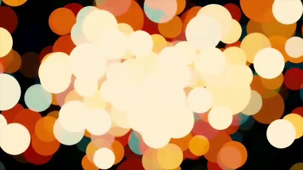 Abstrakt leuchtende Teilchen, heller Konfettieffekt auf schwarzem Hintergrund. Animation. atemberaubende verschwommene Kreise fliegen chaotisch, nahtlose Schleife. — Stockvideo