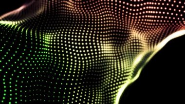 Döngüsel eğimli, parlayan bulanık parçacıklarla benekli doku. Animasyon. Siyah zemin üzerinde akan yeşil, kırmızı ve sarı küçük daireler, soyut kumaş.