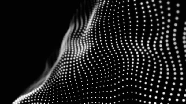 Abstrakte weiße Partikel, die eine abstrakte Textur auf schwarzem Hintergrund bilden, nahtlose Schleife. Animation. 3D gepunktetes Material fließend und winkend, monochrom. — Stockvideo