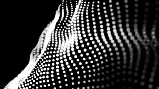 Particules blanches abstraites formant une texture abstraite sur fond noir, boucle transparente. Animation. Matériau pointillé 3D coulant et ondulant, monochrome . — Video