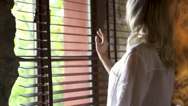 Encantadora joven rubia tocando las persianas por la mano, mirando por la ventana de cristal. Art. Modelo joven mirando pensativo y de pie junto a la ventana . — Vídeos de Stock