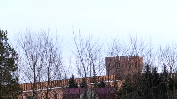空の背景に丸い塔を持つレンガの要塞。ストック映像。裸の木の枝と曇った空を背景にスモレンスク要塞の赤レンガの石積み — ストック動画