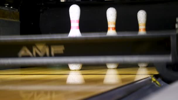 Bowling ball knocks down pins. Media. Bowling ball on the track in order to knock down the pins — Stock Video