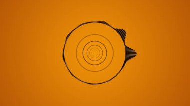 Soyut dairesel dönen spektral dalga tasarımı, turuncu arka plan üzerinde siyah titreşimler, kesintisiz döngü. Animasyon. Müzik ritminin soyut görselleştirilmesi.