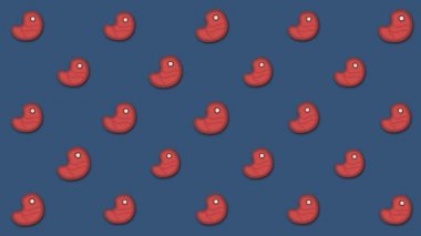 Mavi arka plan, dikişsiz döngü üzerinde sallanan satırlarda Soyut karikatür çiğ biftek. Animasyon. Beyaz kemikleri ile kırmızı et renkli parçaları hareket, gıda kavramı.